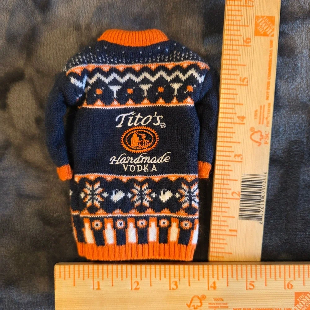 Titos Handmade Vodka Bottle Sweater Coozie Holiday Ugly Christmas Navy Orange